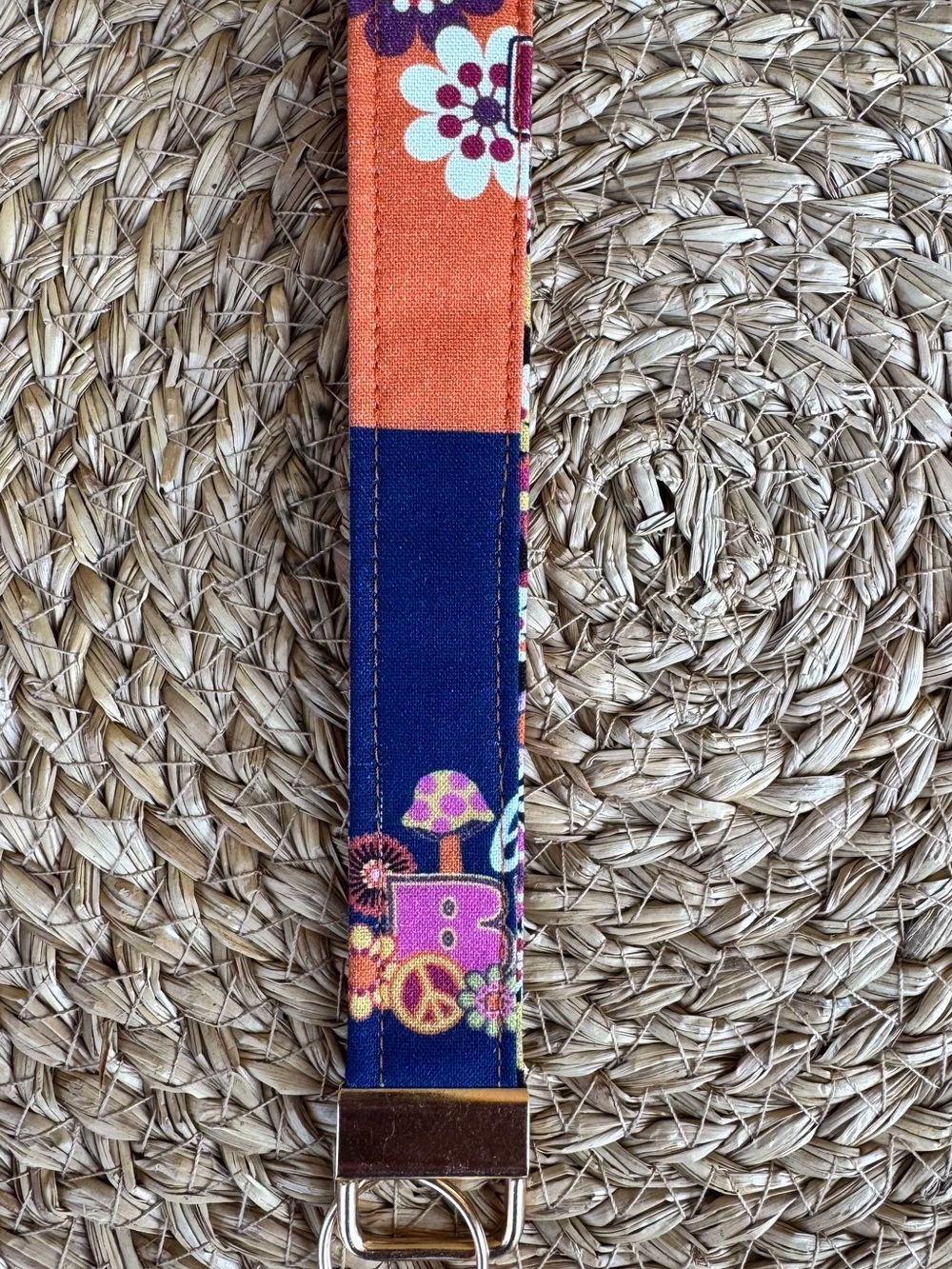 Kids Floral Peace Sign Wristlet Keychain - Orange & Navy